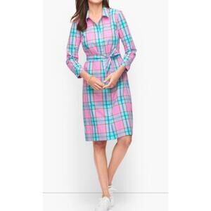Talbots Dress Fauna Plaid Belted Shirtdress Size 4 Pink Blue Cotton 3/4 Sleeve